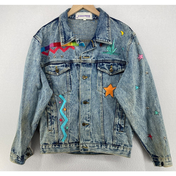 JD DESIGNWORKS Jacket Mens L Painted Applique Denim Trucker Button Up Blue VTG - Picture 1 of 16
